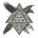 Scandinavian pattern and valknut and crows with open hood turned tattoo design idea
