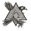 Scandinavian pattern and valknut and crows with open hood turned tattoo design idea