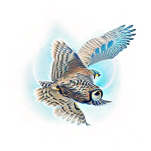 owl flying straight at the point of view of the viewer tattoo design idea