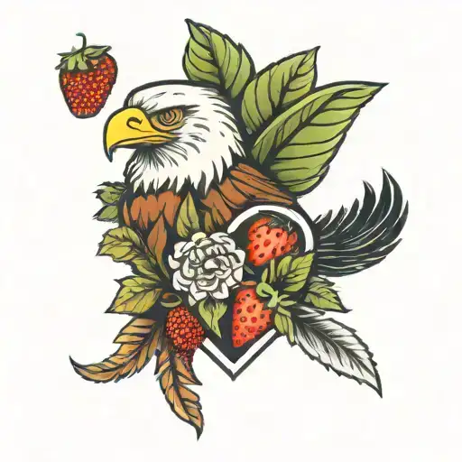 anotomical heart part bomb with hydranga flower and eagle feather and strawberry and pickle tattoo design idea