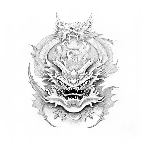 japanese dragon with oni mask and flowers tattoo design idea