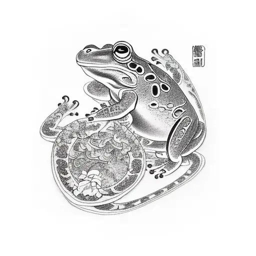 a vertical scene representing six frogs in a Japanese style, each engaged in a different activity with their own unique  tattoo design idea