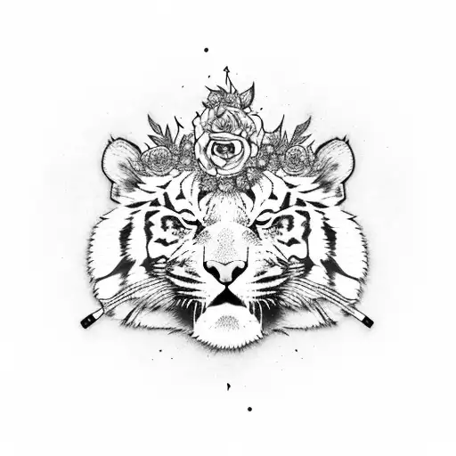 A smoking tiger with a flower crown tattoo design idea