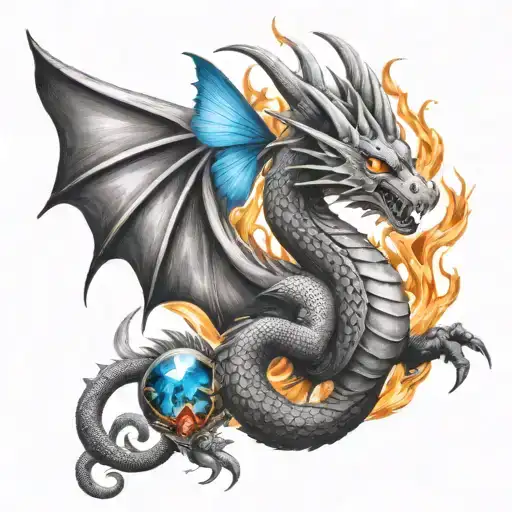 fire breathing dragon with a small blue butterfly flirting with danger and crystals, gambling and third eye incorporated tattoo design idea