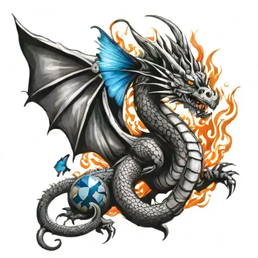 fire breathing dragon with a small blue butterfly flirting with danger and crystals, gambling and third eye incorporated tattoo design idea