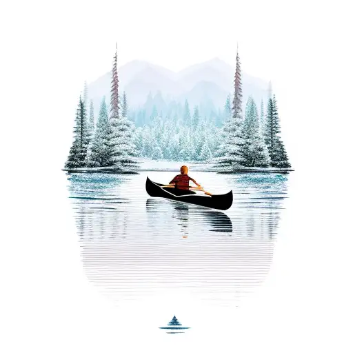 father and son in canoe going down river trees on side  tattoo design idea