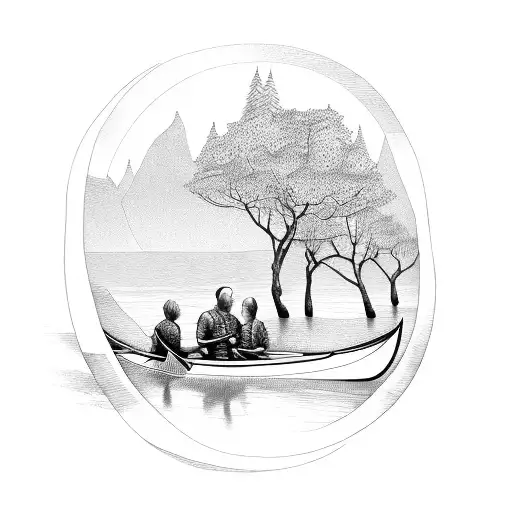 father and son in canoe going down river trees on side  tattoo design idea