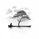father and son in canoe going down river trees on side  tattoo design idea