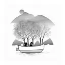 father and son in canoe going down river trees on side  tattoo design idea