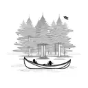 father and son in canoe going down river trees on side  tattoo design idea