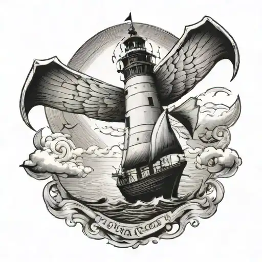 A black and gray tattoo of a paper boat sailing towards a lighthouse, with the quote 'Monsters are real, and ghosts are real too. They live in us and sometimes they win.' written on the boat tattoo design idea