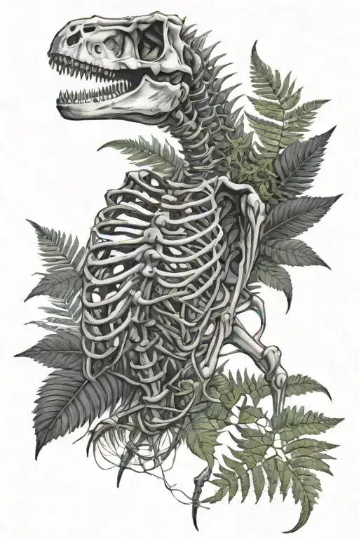 Dino skeleton in ferns tattoo design idea