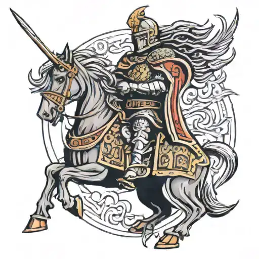 An intricate design featuring a knight in armor battling a mythical creature inspired by ancient mythology tattoo design idea