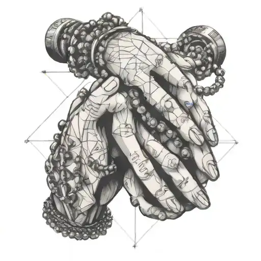 hands in prayer position holding rosary beads detailed drawing tattoo design idea