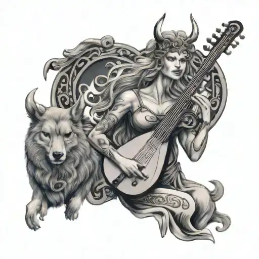 A black and grey tattoo design of Freya, the Norse goddess of love and beauty, holding a lyre or musical instrument, surrounded by mystical symbols tattoo design idea