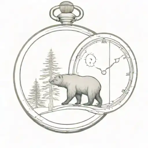 bear pocket watch hourglass shine tree horizon staircase silhouette tattoo design idea