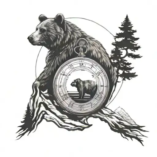 bear pocket watch hourglass shine tree horizon staircase silhouette tattoo design idea