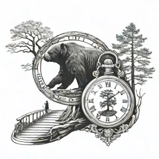 bear pocket watch hourglass shine tree horizon staircase silhouette tattoo design idea