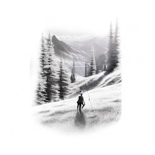 deep dark valley with someone walking fearlessly into it, holding a rod and staff tattoo design idea