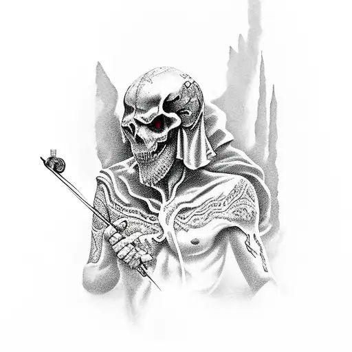 Valley of the shadow of death with someone walking fearlessly into it, holding a rod and staff tattoo design idea