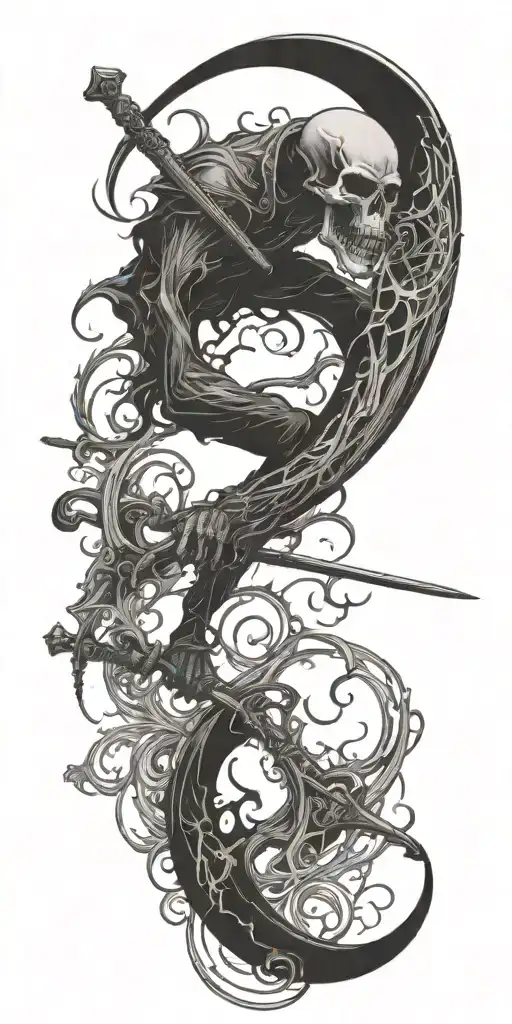 pen dragging across a page, demon, scythe  tattoo design idea