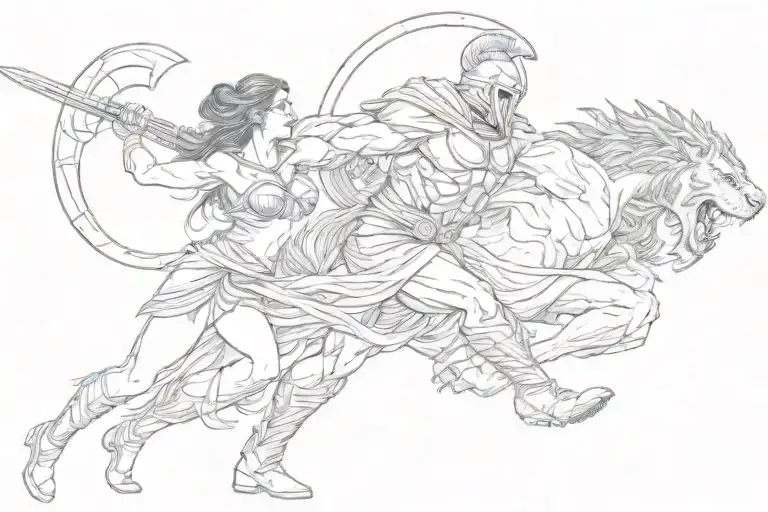 one spartan and beautiful woman grabbing a beast tattoo design idea