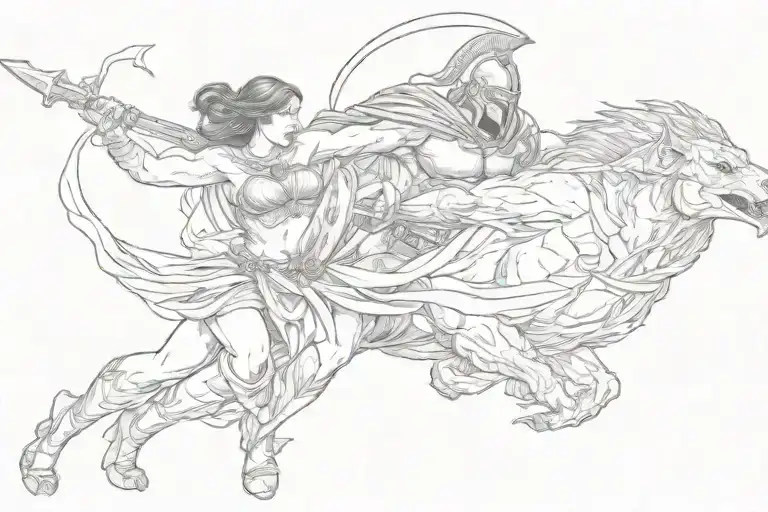 one spartan and beautiful woman grabbing a beast tattoo design idea