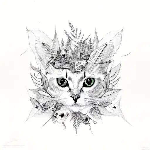 cat skull with bird skull with foliage tattoo design idea