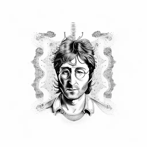 A psychedelic portrait of John Lennon playing a guitar surrounded by swirling colors and patterns tattoo design idea