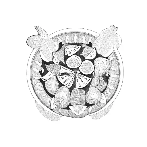 A blackwork design of a tropical fruit basket overflowing with your favorite fruits tattoo design idea