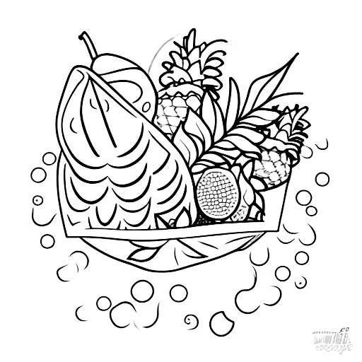 A blackwork design of a tropical fruit basket overflowing with your favorite fruits tattoo design idea