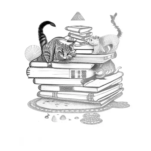 A dotwork tattoo of a stack of books with various animals peeking out from between the pages tattoo design idea