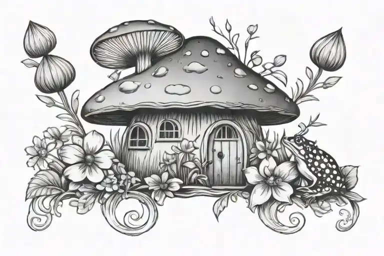 cottage core (mushroom, frog, flowers, fairy) tattoo design idea