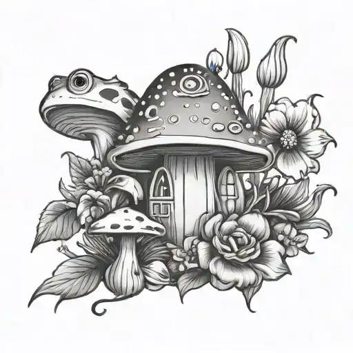 cottage core (flowers, frog, mushroom fairy tattoo design idea