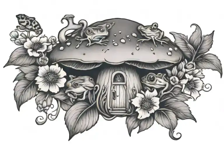 cottage core (mushroom, frog, flowers intertwined tattoo design idea