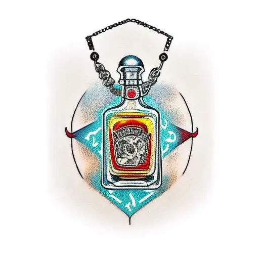 A traditional style tattoo of a whiskey bottle wrapped in animal trap chains tattoo design idea