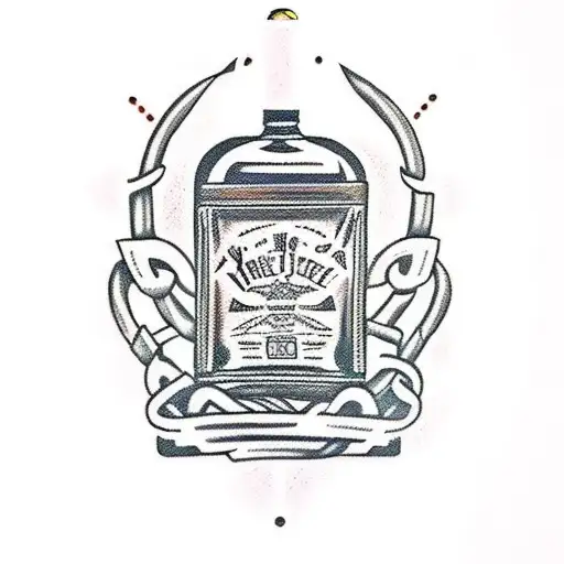 A traditional style tattoo of a whiskey bottle wrapped in animal trap chains tattoo design idea