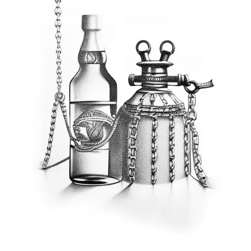  tattoo of a whiskey bottle wrapped in animal trap chains tattoo design idea
