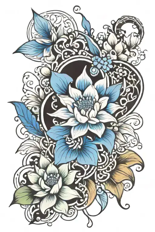 norigae with blue lotus and cat paw print tattoo design idea
