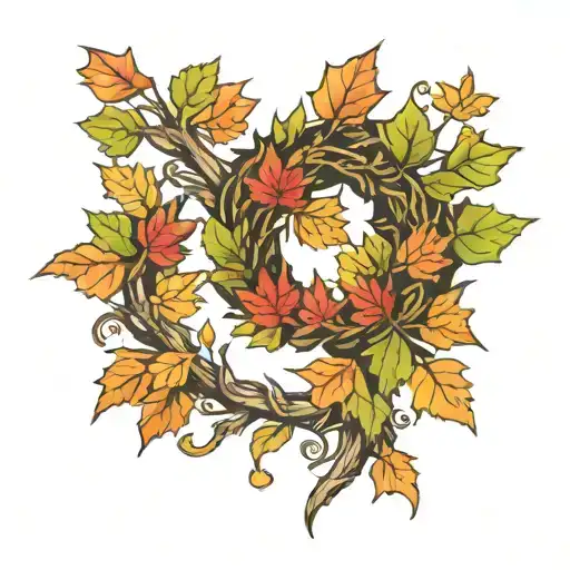 maple wreath and Slavic Kolovrat tattoo design idea