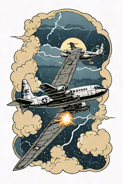 Incorporate a p3-Orion aircraft flying through a storm with lightning strikes around it tattoo design idea