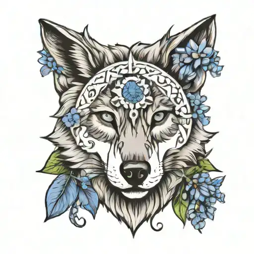 wolf  face with sun and moon .surrounded by bluebells and a norse sybol of freyja growing out of it tattoo design idea