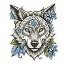 wolf  face with sun and moon .surrounded by bluebells and a norse sybol of freyja growing out of it tattoo design idea
