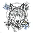 wolf  face with sun and moon .surrounded by bluebells and a norse sybol of freyja growing out of it tattoo design idea