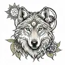 wolf  face with sun and moon .surrounded by bluebells and a norse sybol of freyja growing out of it tattoo design idea