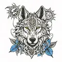 wolf  face with sun and moon .surrounded by bluebells and a norse sybol of freyja growing out of it tattoo design idea