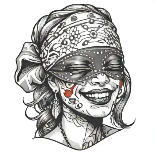 Blindfolded woman smiling trash polka style tattoo design idea