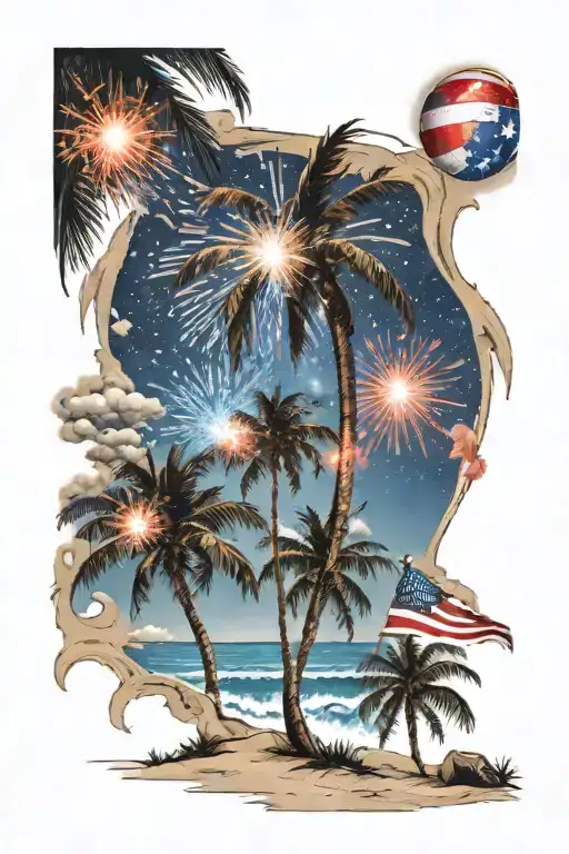 beach scene with palm and red white and blue fireworks in sky  tattoo design idea