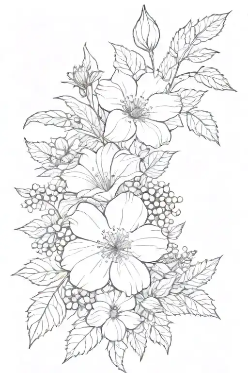 bouquet fine line of birth flowers, snow drop, morning glory, chrysanthemum, and holly berry  tattoo design idea