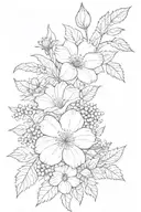 bouquet fine line of birth flowers, snow drop, morning glory, chrysanthemum, and holly berry  tattoo design idea